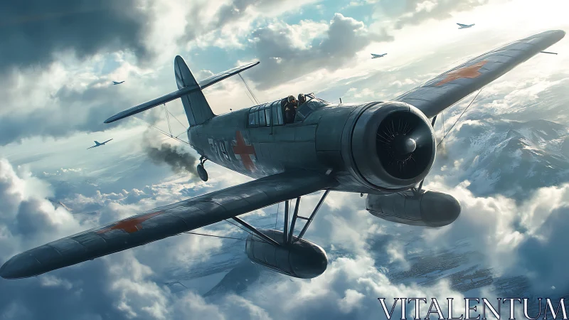 Storm-worn biplane limps through ice-bright war clouds.