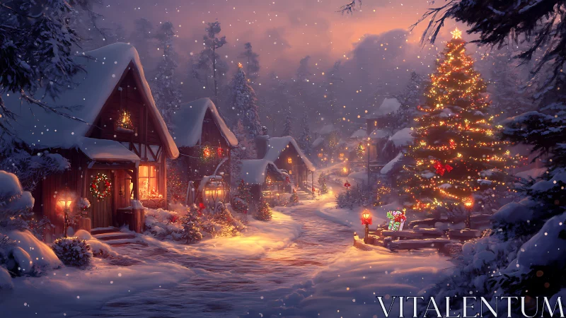 Snowy village street shows decorated houses and lit tree