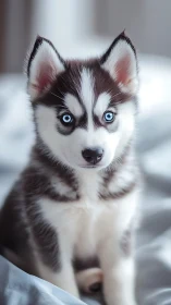 Blue-eyed husky puppy on soft bed in natural light.