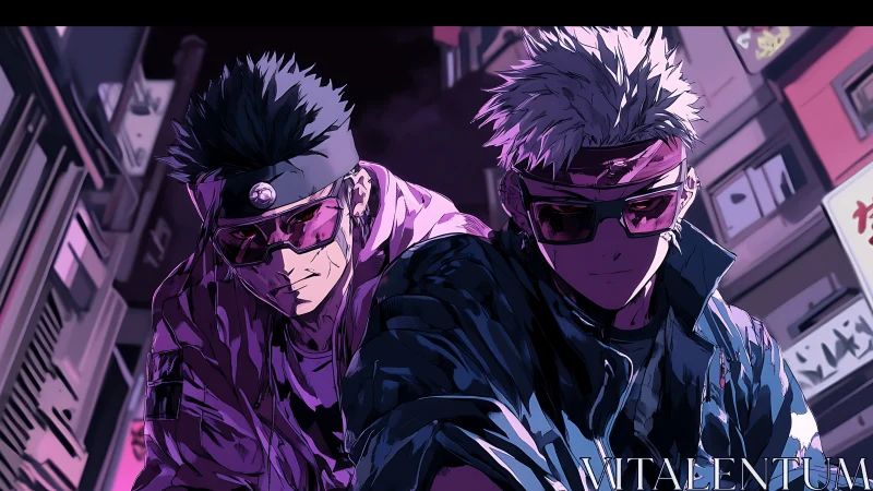 Neon anime duo in cyberpunk alleyway at night.