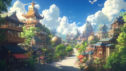Sunlit neo-oriental hill cityscape with layered vertical streets.