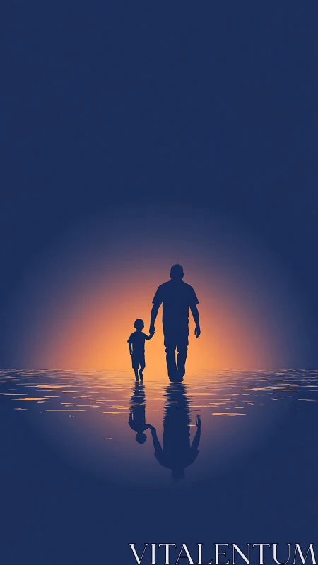 Silhouetted adult and child walking across reflective water.