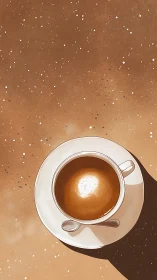 White cup of coffee sits on textured brown background