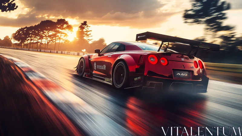 Red racing coupe rounds wet circuit corner at sunset