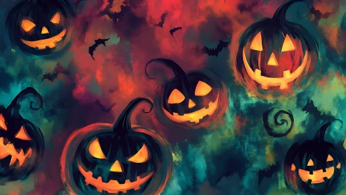Glowing jack o lanterns swirl through vivid Halloween fog