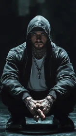 Brooding hooded man crouches in dramatic low key light