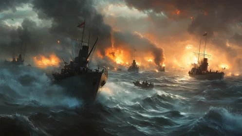 Naval Battle at Sea with Warships Under Fire