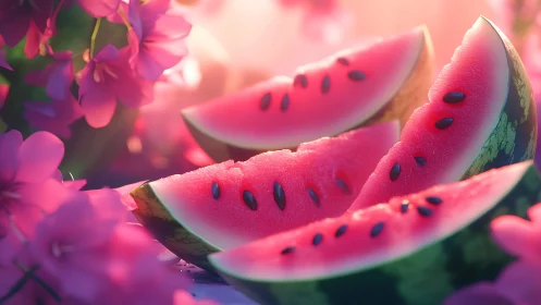Watermelon slices rest among pink flowers in soft focus