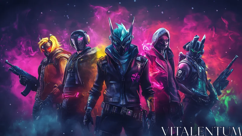 Futuristic masked squad stands in neon smoke with weapons