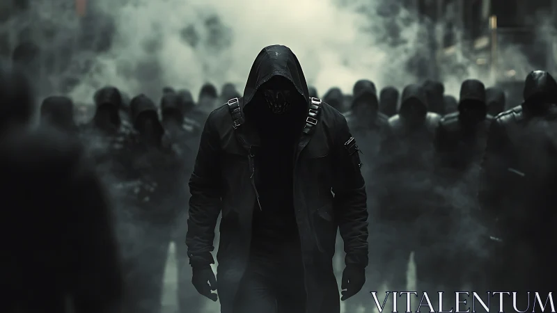 Cinematic hooded figure leading masked legion through vaporous street.
