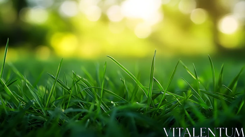 Close-up of fresh green grass blades with soft bokeh background.