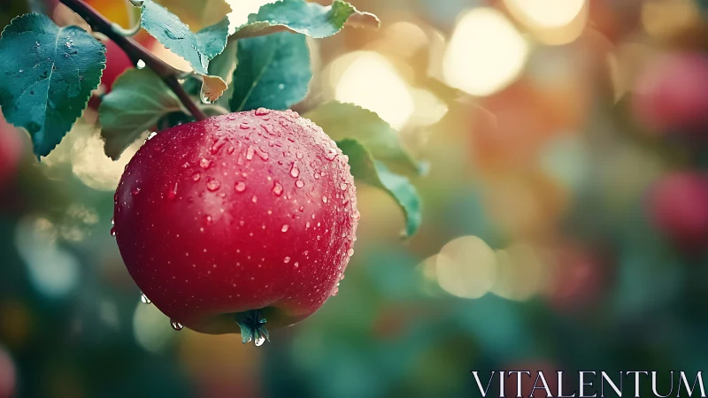 Morning-kissed red apple hangs ripe in a gentle orchard glow