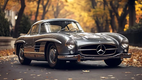 Silver gullwing legend glides through an amber autumn hush