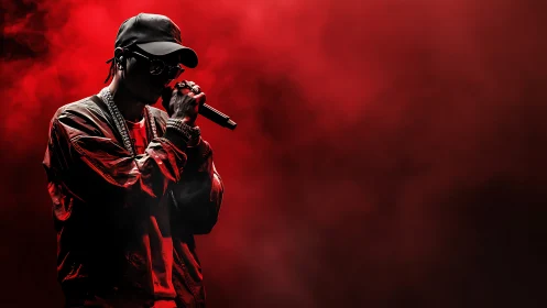 Rapper holds microphone under intense red stage lighting