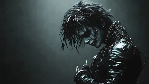 Cyber-gothic humanoid in chained leathers with blade fingers.