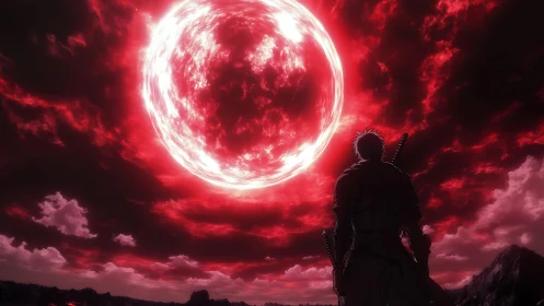 Anime night warrior under apocalyptic crimson celestial sphere.