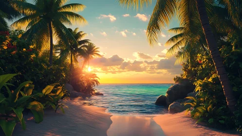 Tropical Sunset Through Palm Grove Framing Turquoise Waters