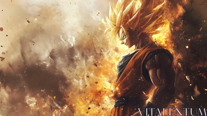 Fiery golden warrior stands amid swirling explosive energy.