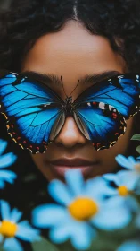 Blue butterfly mask and quiet blooms frame a gentle gaze.