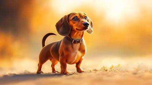 Alert dachshund stands in warm golden sunset field