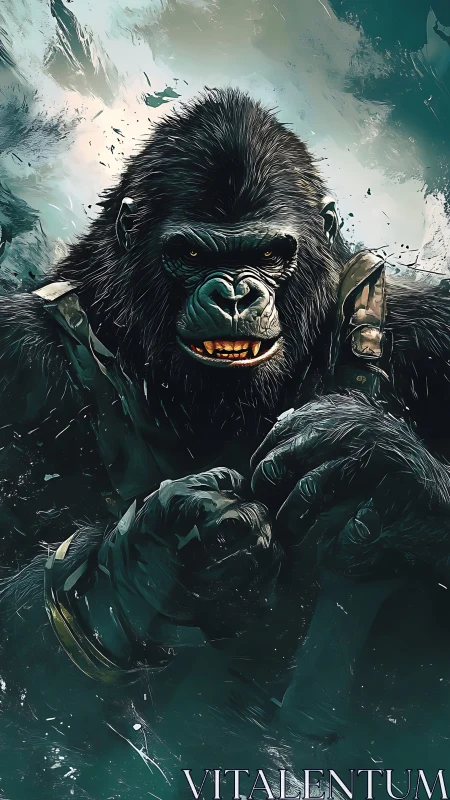 Mighty armored gorilla gazing forward with fierce focus.