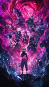 Dynamic anime ensemble in swirling magenta vortex field