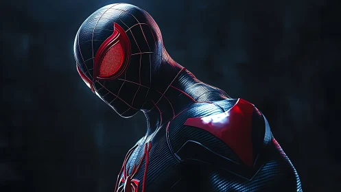 Cybernetic spider hero rendered in moody rim lighting.