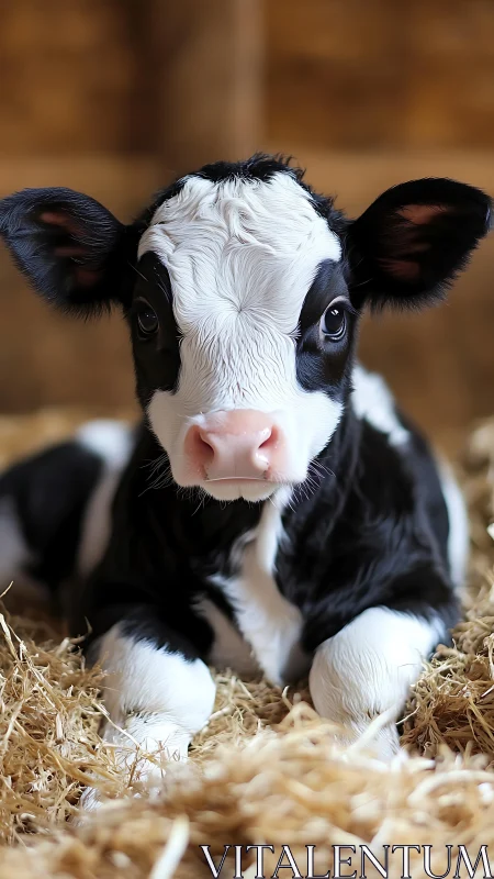 Holstein calf rests on straw under warm barn light.