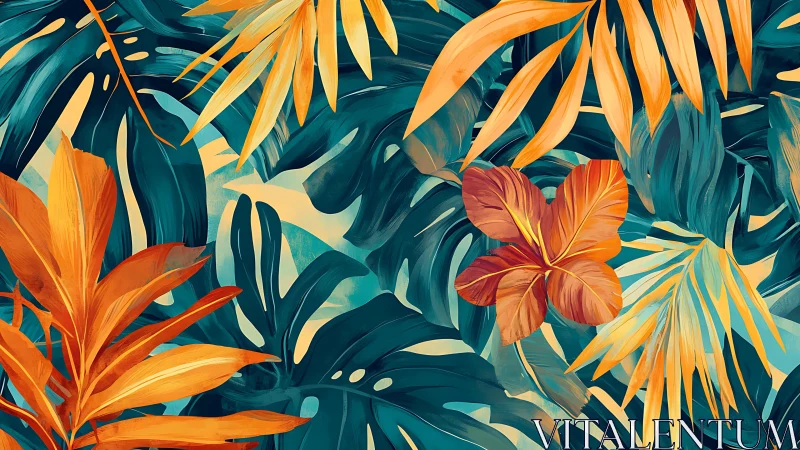 Tropical leaves glow in teal and burnt orange contrast