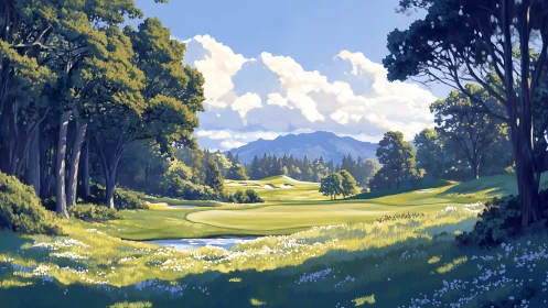 Sunlit fairway meandering through wildflower-bright forest valley.