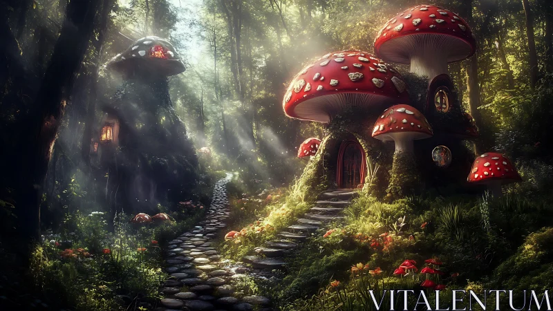 Enchanted mushroom cottages glow under dappled forest light.
