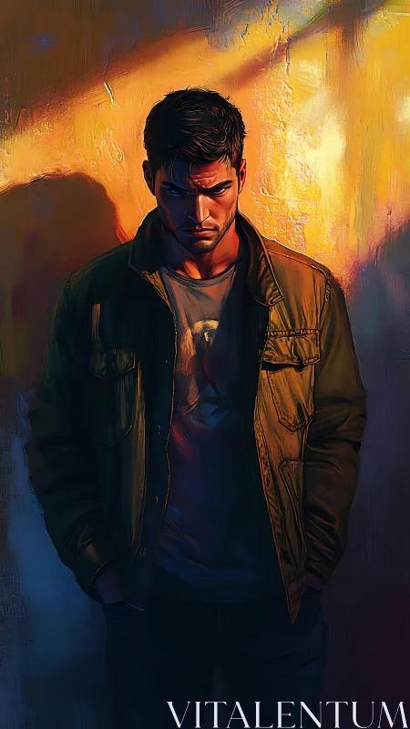 Brooding man in dramatic sunset wall light portrait.