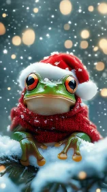 Santa-hatted snowfrog blinks warmly through a winter flurry