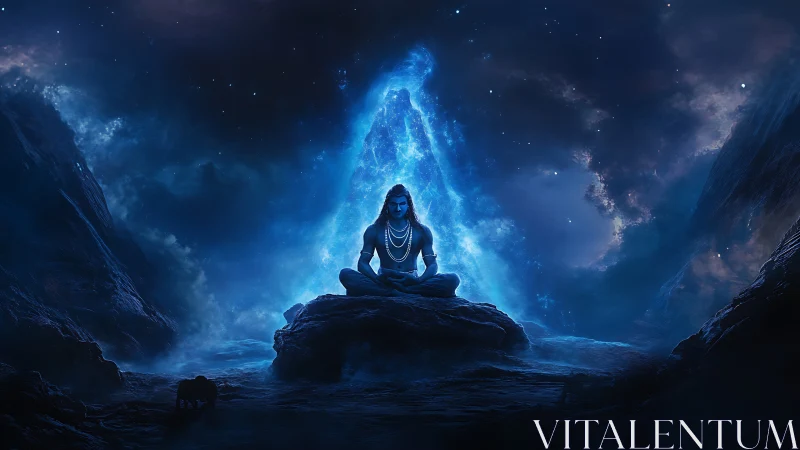 Cosmic ascetic meditating before radiant nebula gateway.