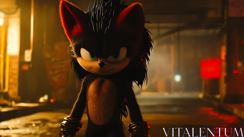 Anthropomorphic hedgehog figure in dim urban alleyway.