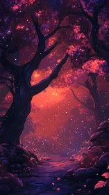 Bioluminescent Forest Landscape: Digital Painting with Luminous Foliage.