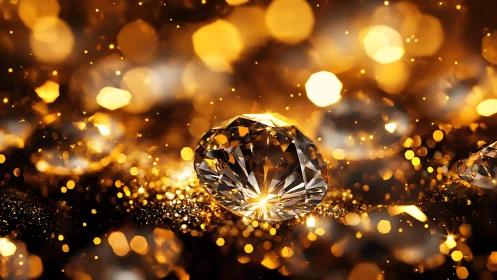 Radiant cut diamond amid molten gold bokeh glow.