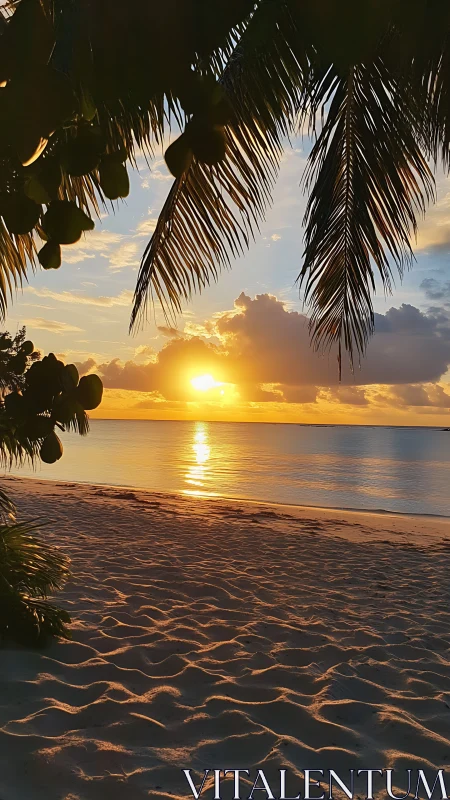 Tropical shoreline sunset under silhouetted palm fronds