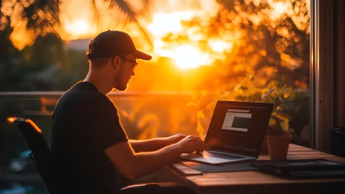 Backlit remote software developer at laptop in golden sunset