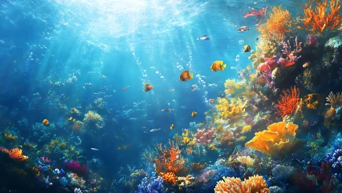 Sunlit coral carnival where golden reef fish wander slowly.