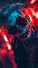 Cyberpunk portrait with neon skull makeup and oblique framing.
