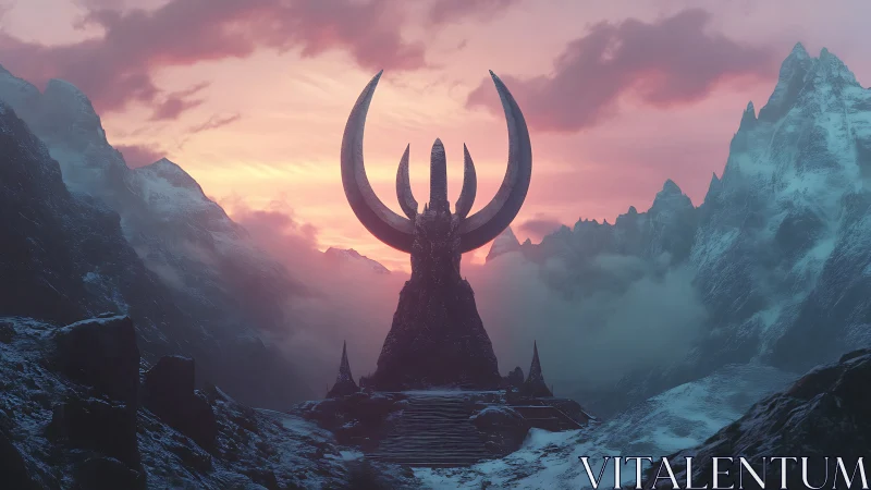 Monolithic crescent monument rises in snowy mountain pass