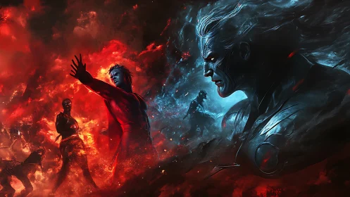 Elemental warriors locked in red fire and blue frost duel.