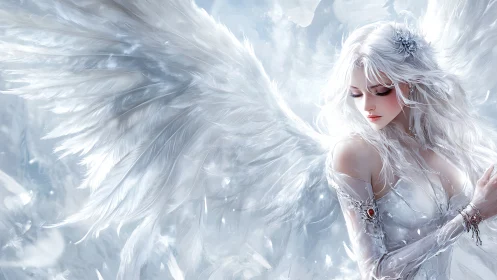 Ethereal white angel with luminous wings in icy light.