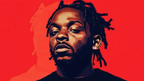 Bold portrait in rich reds and deep shadowed highlights.