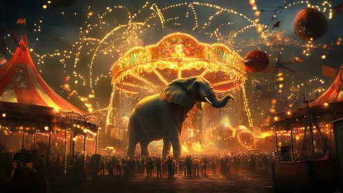 Glowing carnival night with a gentle giant under bright lights.