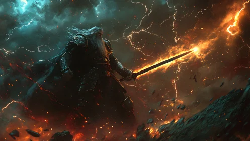 Elder warlord channels astral lightning through flaming blade