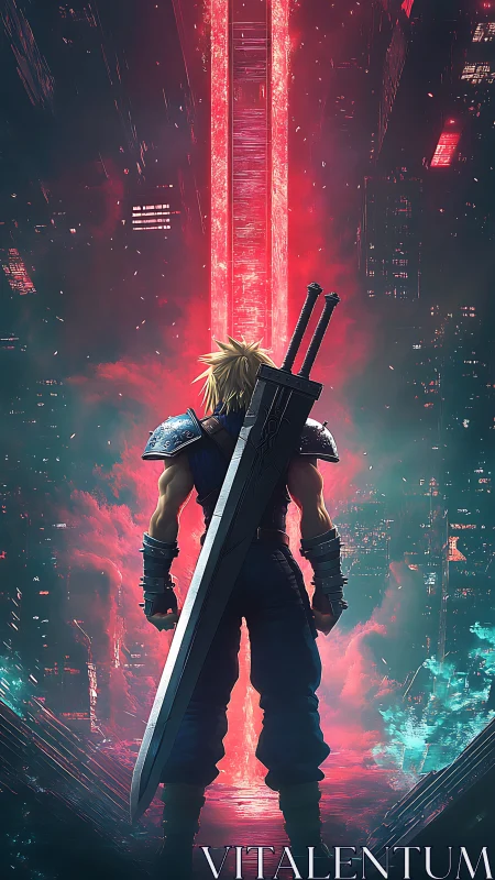 Neon-blade warrior standing before a blazing cyber tower.