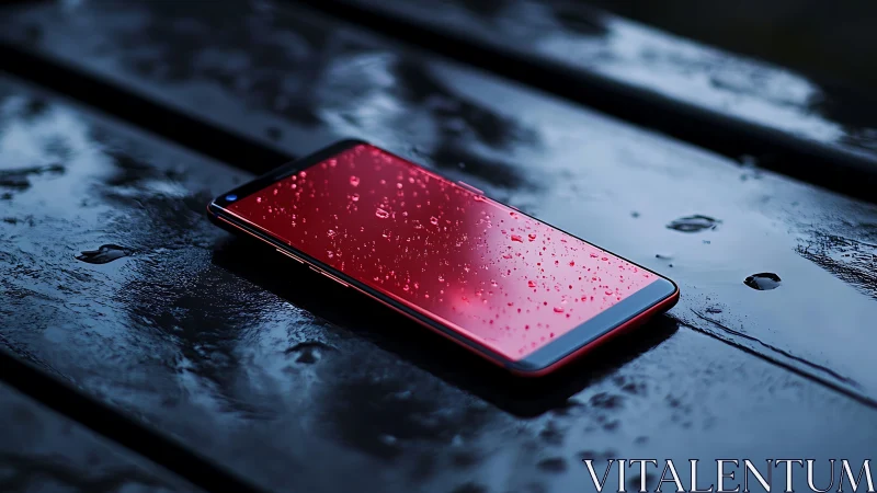 Red smartphone on wet bench surface after rainfall.