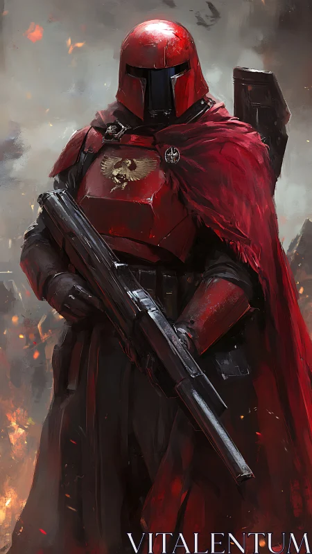 Digital painting of red armored sci-fi sentry in battle cloak.